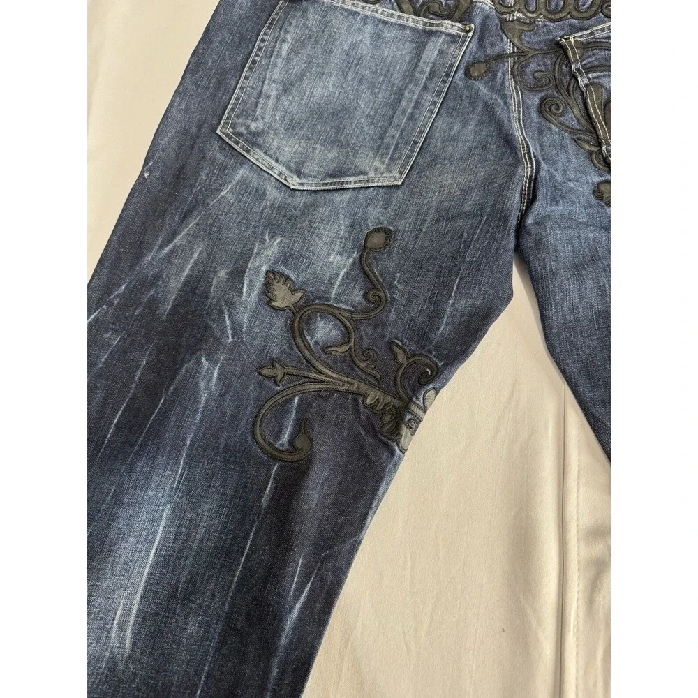 Artful Dodger Blue Jeans Embroidered Pockets Wide Leg Baggy Y2K Mens Size 42X33